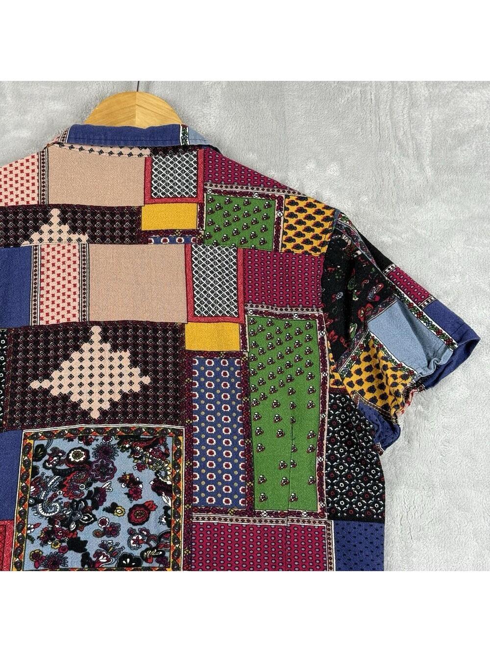 Vintage Patchwork Abstract Casual Button Up Shirt Colorblock Festival Top Size M - Picture 6 of 8